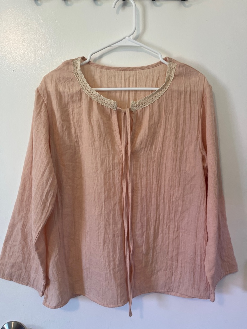 100% Linen Blouse with Crochet Lace Trim - pink & cream